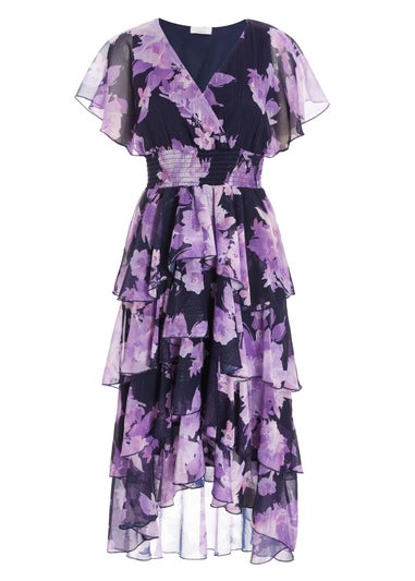 Quiz Navy Floral Tiered Midi Dress