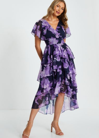 Quiz Navy Floral Dip Hem Tiered Midi Dress