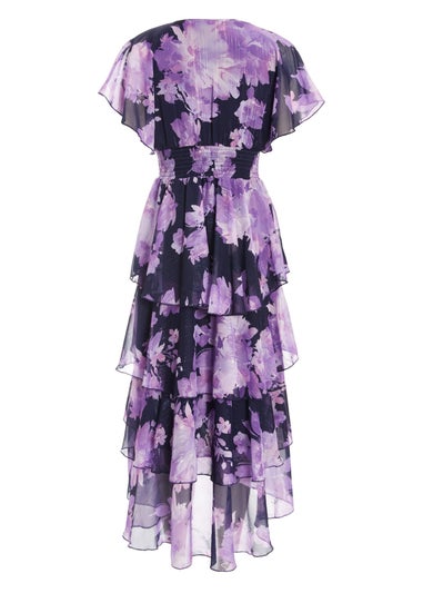 Quiz Navy Floral Dip Hem Tiered Midi Dress