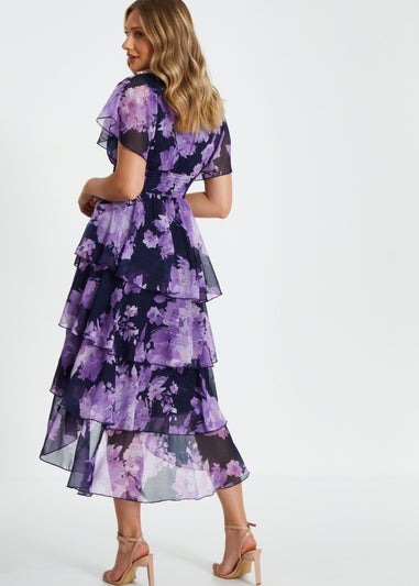 Quiz Navy Floral Dip Hem Tiered Midi Dress