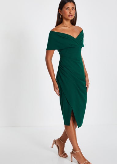 Quiz Green Bardot Ruched Wrap Midi Dress