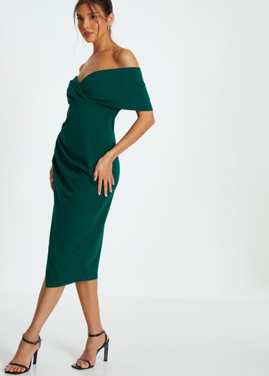 Quiz Green Bardot Ruched Wrap Midi Dress