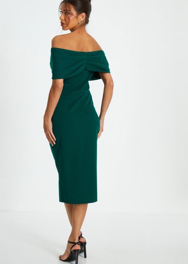 Quiz Green Bardot Ruched Wrap Midi Dress