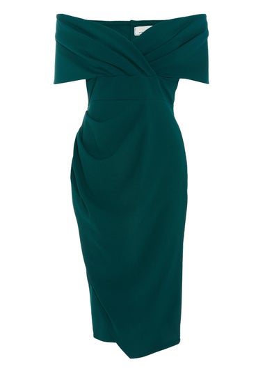 Quiz Green Bardot Ruched Wrap Midi Dress