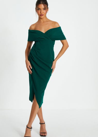 Quiz Green Bardot Ruched Wrap Midi Dress