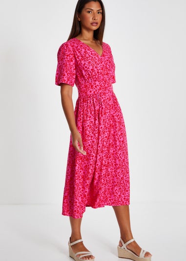 Quiz Fuschia Linen Floral Midaxi Dress