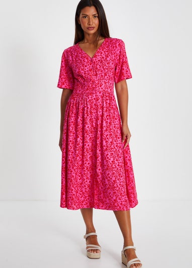 Quiz Fuschia Linen Floral Midaxi Dress