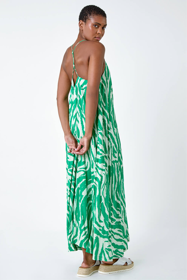 Roman Green Animal Print Halter Neck Maxi Dress