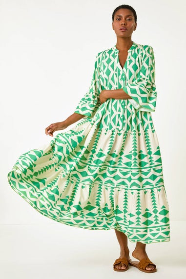 Roman Green Aztec Print Tiered Midi Smock Dress