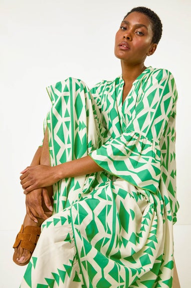 Roman Green Aztec Print Tiered Midi Smock Dress
