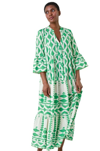 Roman Green Aztec Print Tiered Midi Smock Dress