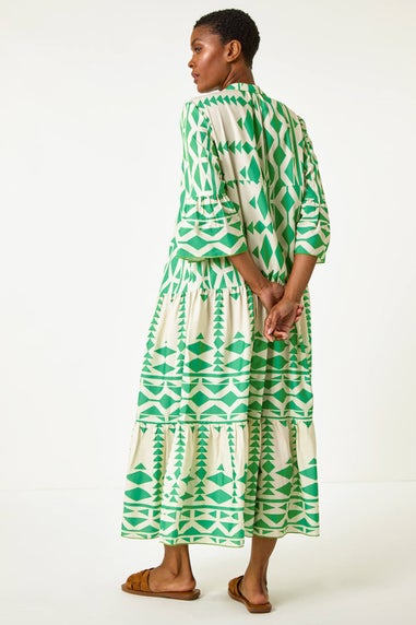 Roman Green Aztec Print Tiered Midi Smock Dress