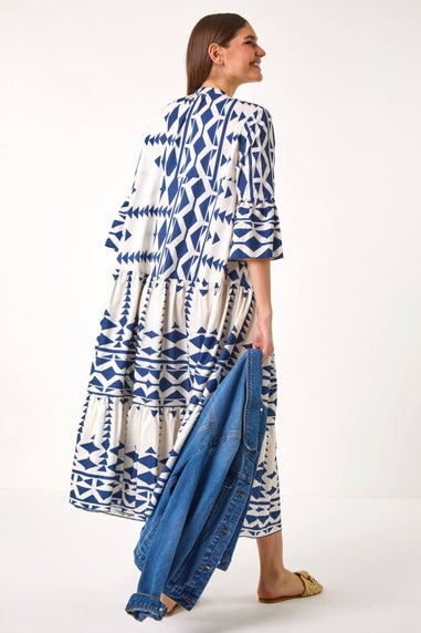 Roman Navy Aztec Print Tiered Midi Smock Dress