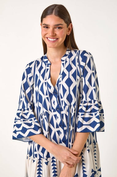 Roman Navy Aztec Print Tiered Midi Smock Dress