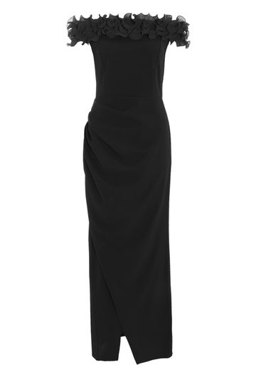 Quiz Black Bardot Ruffle Ruched Maxi Dress