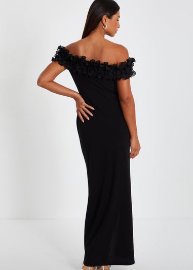 Quiz Black Bardot Ruffle Ruched Maxi Dress