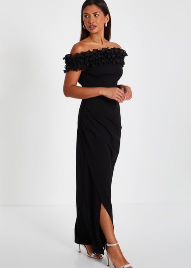 Quiz Black Bardot Ruffle Ruched Maxi Dress