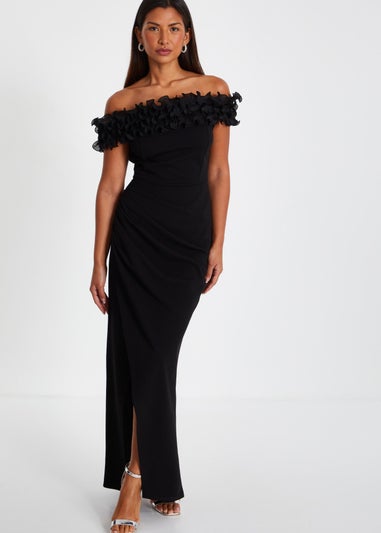 Quiz Black Bardot Ruffle Ruched Maxi Dress