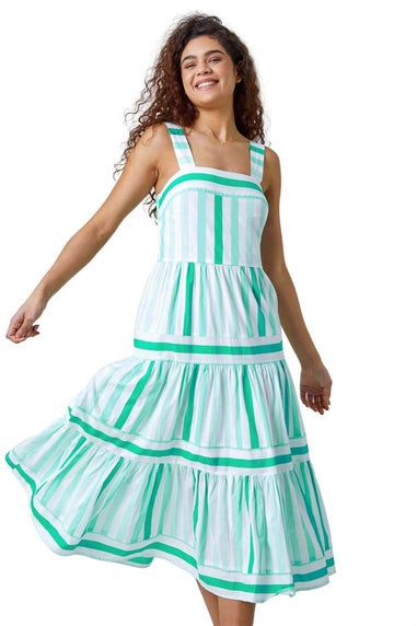 Roman Mint Cotton Stripe Print Tiered Maxi Dress