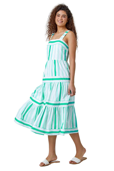 Roman Mint Cotton Stripe Print Tiered Maxi Dress