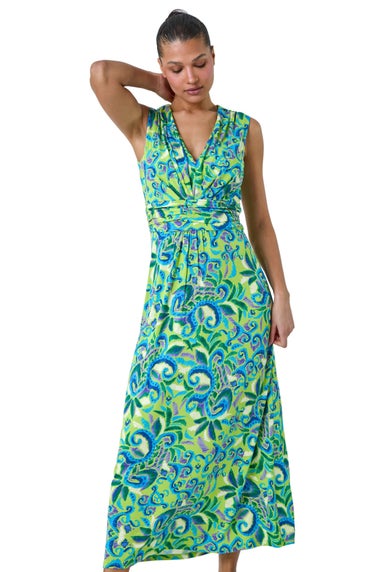 Roman Lime Abstract Paisley Print Stretch Maxi Dress