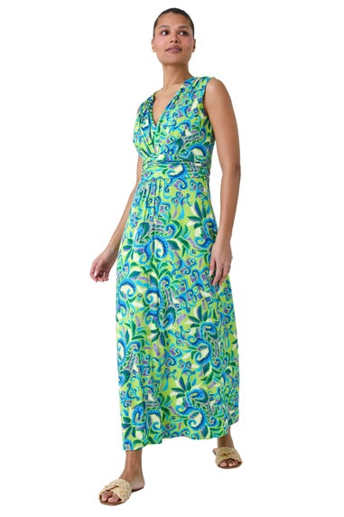 Roman Lime Abstract Paisley Print Stretch Maxi Dress