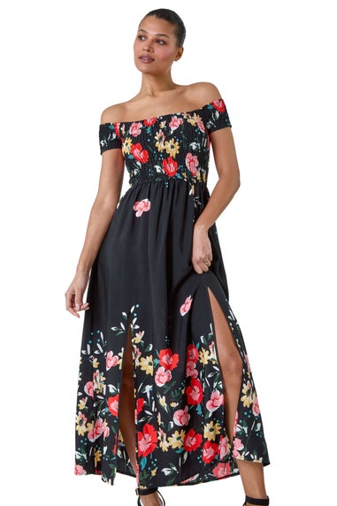 Roman Black Floral Shirred Bardot Maxi Dress