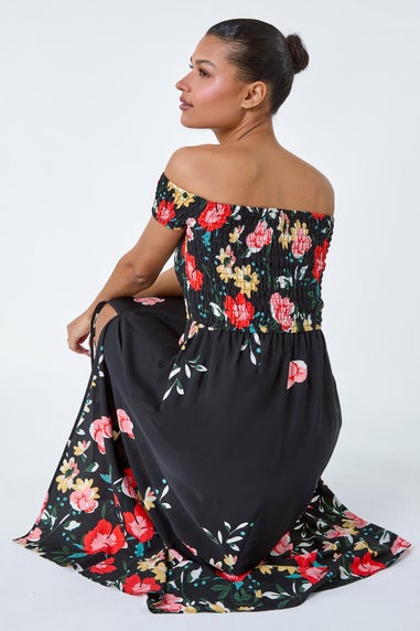 Roman Black Floral Shirred Bardot Maxi Dress