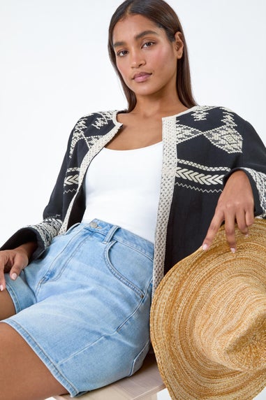 Roman Black Cotton Blend Aztec Fringe Detail Jacket