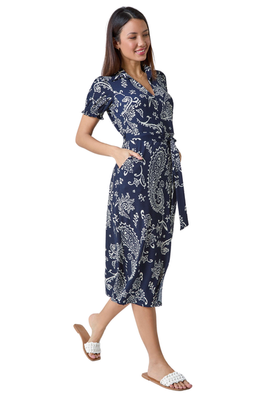 Roman Navy Paisley Print Textured Shirt Dress