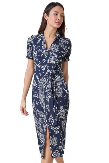 Roman Navy Paisley Print Textured Shirt Dress