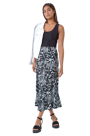 Roman Black Leaf Print Linen Blend A-Line Skirt