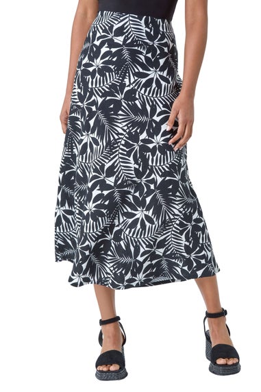 Roman Black Leaf Print Linen Blend A-Line Skirt