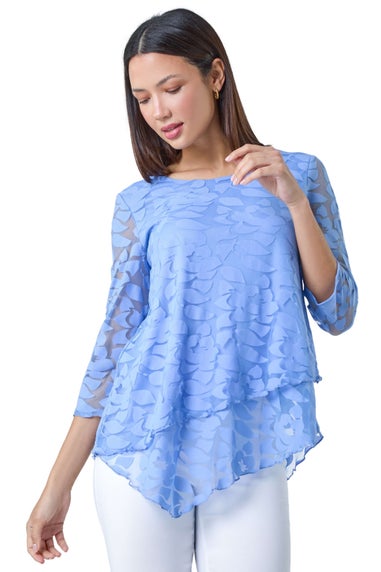 Roman Blue Burnout Leaf Asymmetric Stretch Top