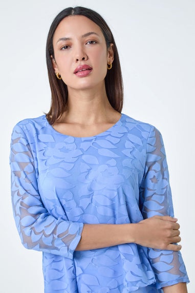 Roman Blue Burnout Leaf Asymmetric Stretch Top