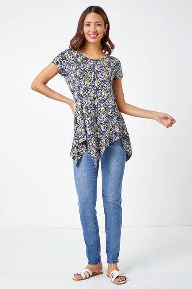 Roman Yellow Floral Hanky Hem Stretch Tunic Top