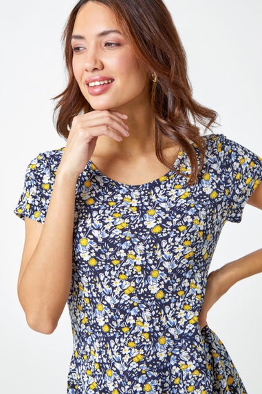 Roman Yellow Floral Hanky Hem Stretch Tunic Top