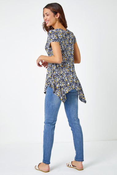 Roman Yellow Floral Hanky Hem Stretch Tunic Top