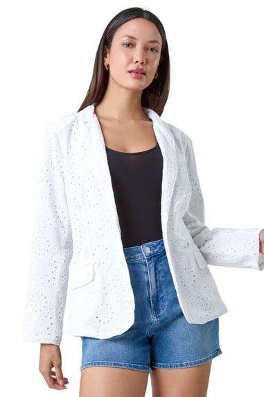 Roman White Cotton Broderie Blazer Jacket