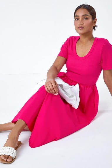 Roman Fuchsia Cotton Stretch Jersey Mix Midi Dress