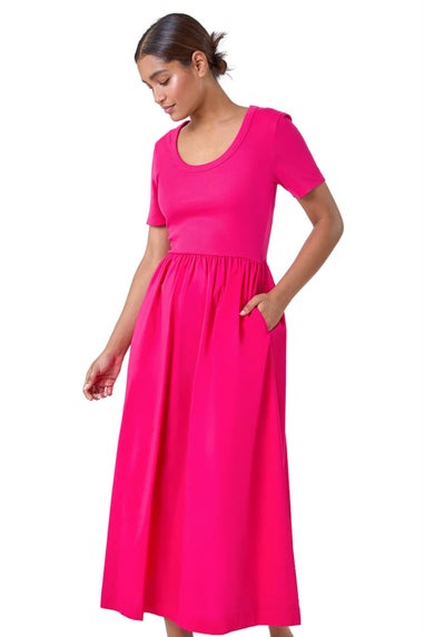 Roman Fuchsia Cotton Stretch Jersey Mix Midi Dress