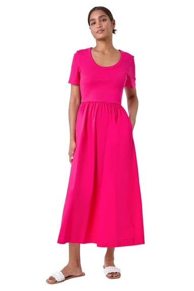 Roman Fuchsia Cotton Stretch Jersey Mix Midi Dress