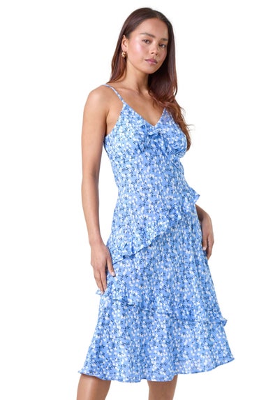 Roman Petite Blue Petite Ditsy Floral Frill Midi Dress