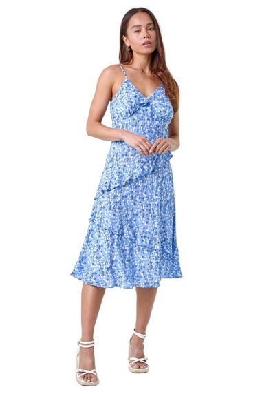 Roman Petite Blue Petite Ditsy Floral Frill Midi Dress