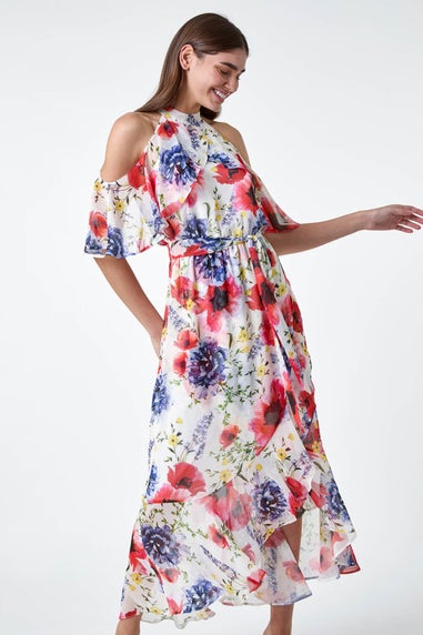 Roman Ivory Poppy Floral Frill Halterneck Dress