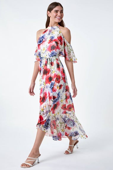 Roman Ivory Poppy Floral Frill Halterneck Dress