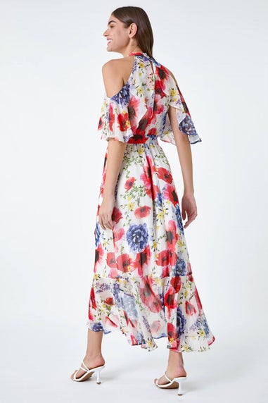 Roman Ivory Poppy Floral Frill Halterneck Dress