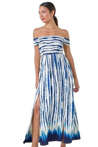 Roman Blue Tie Dye Shirred Bardot Maxi Dress