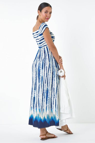 Roman Blue Tie Dye Shirred Bardot Maxi Dress