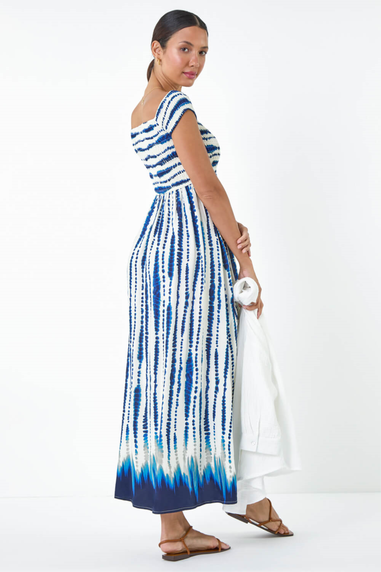 Roman Blue Tie Dye Shirred Bardot Maxi Dress